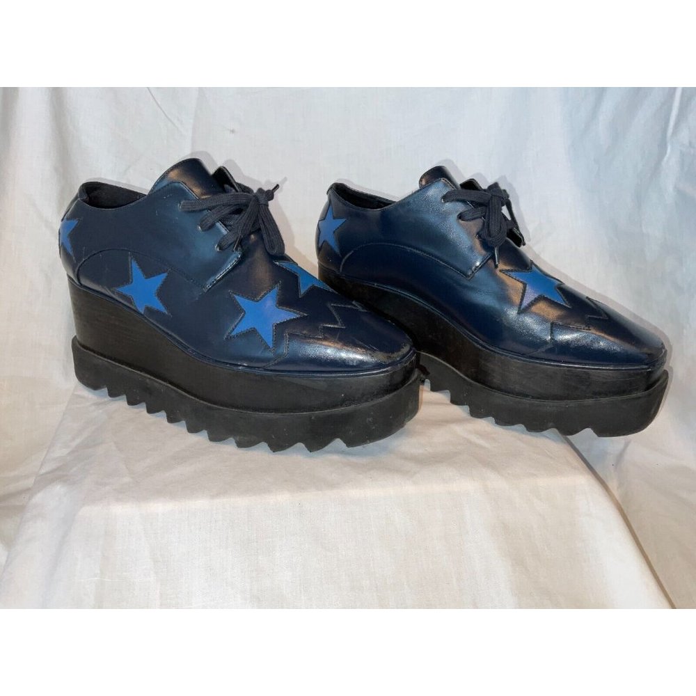sz 37.5 Stella McCartney Wooden Platform Navy w/ Blue Stars Shoes - Excellent